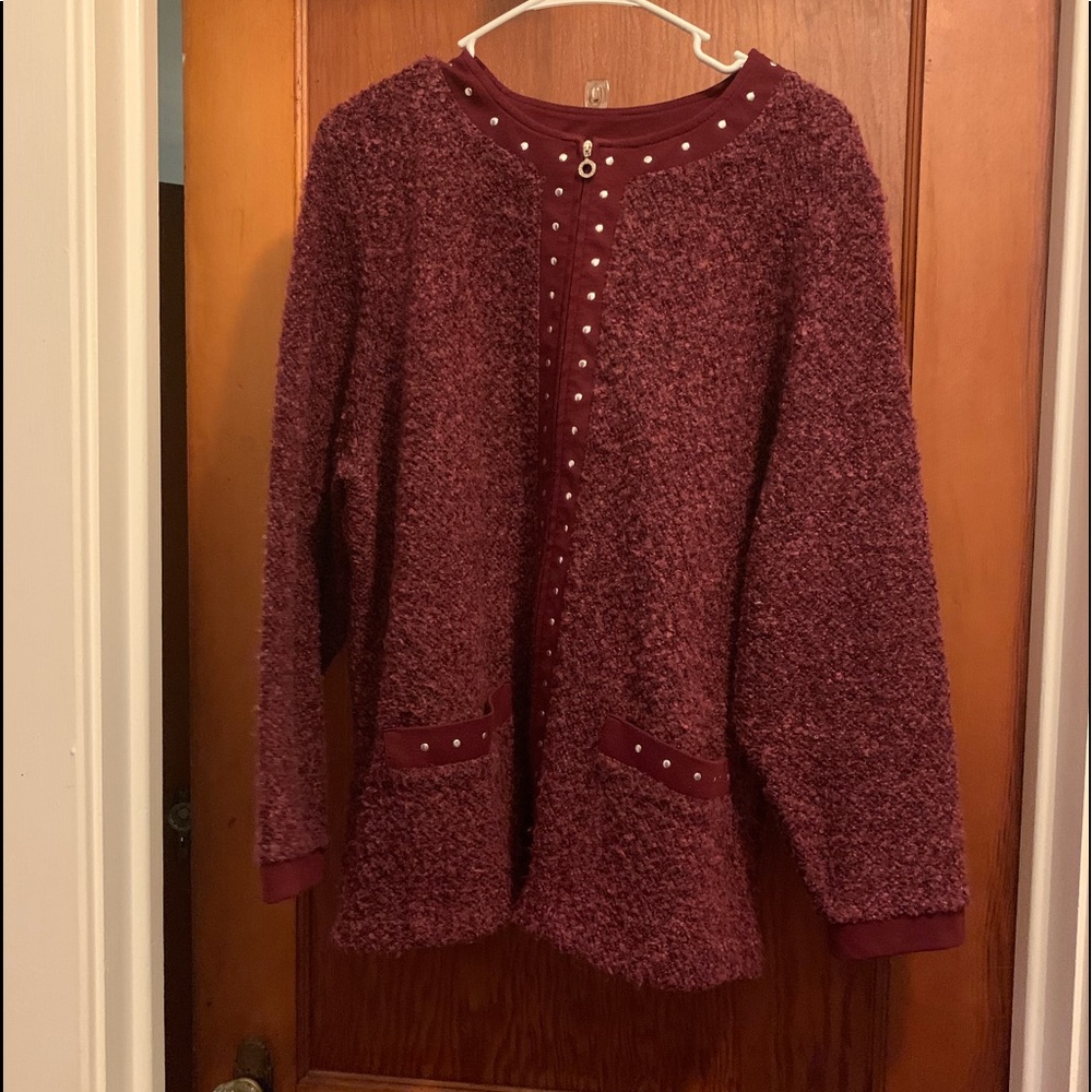 Cathy Daniels zip up fuzzy sweater with studs
